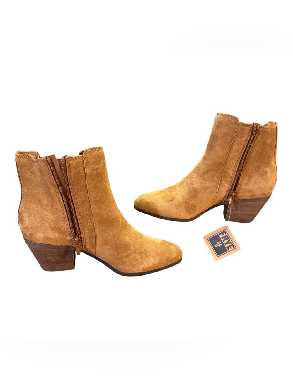 Frye Sandra Suede Chelsea Ankle Boots Cognac Brown Stacked Block Heel Size 7.5 - Picture 6 of 13